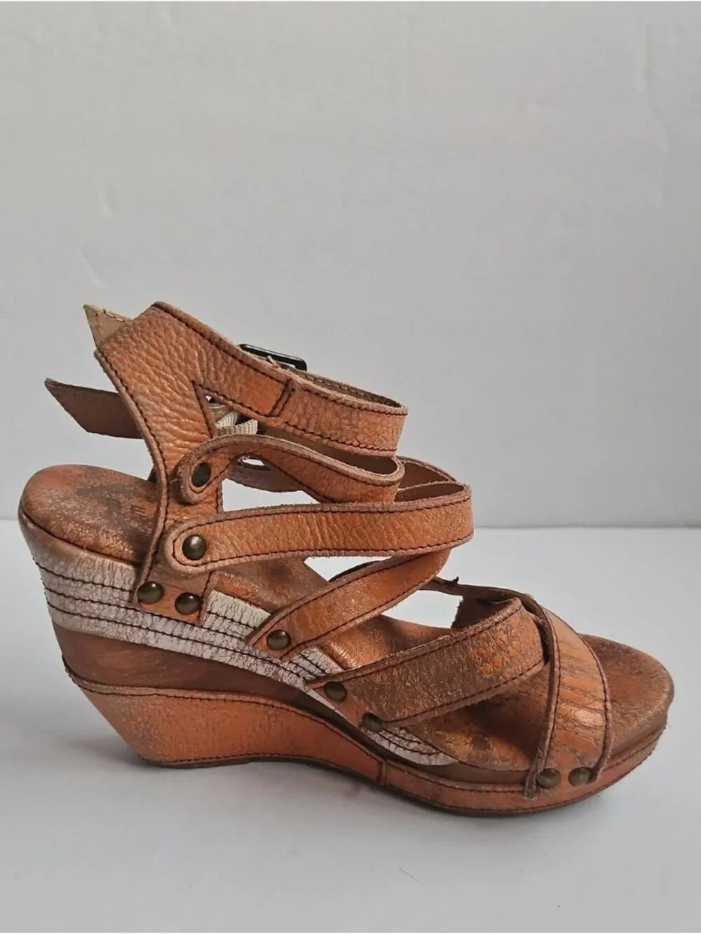 Bed Stu Distressed Orange Leather Strappy Juliana Wedge Sandals